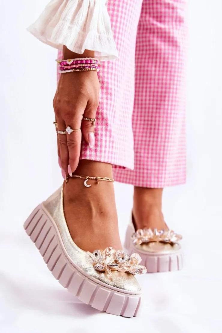 Damskie Boto Skórzane Baleriny Na Platformie Z Ozdobą Złote Ladette