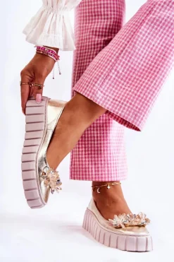 Damskie Boto Skórzane Baleriny Na Platformie Z Ozdobą Złote Ladette