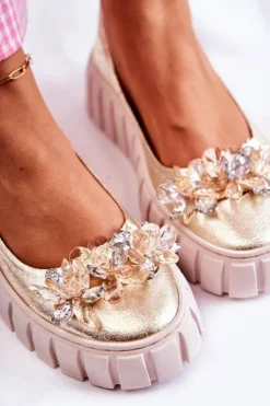 Damskie Boto Skórzane Baleriny Na Platformie Z Ozdobą Złote Ladette