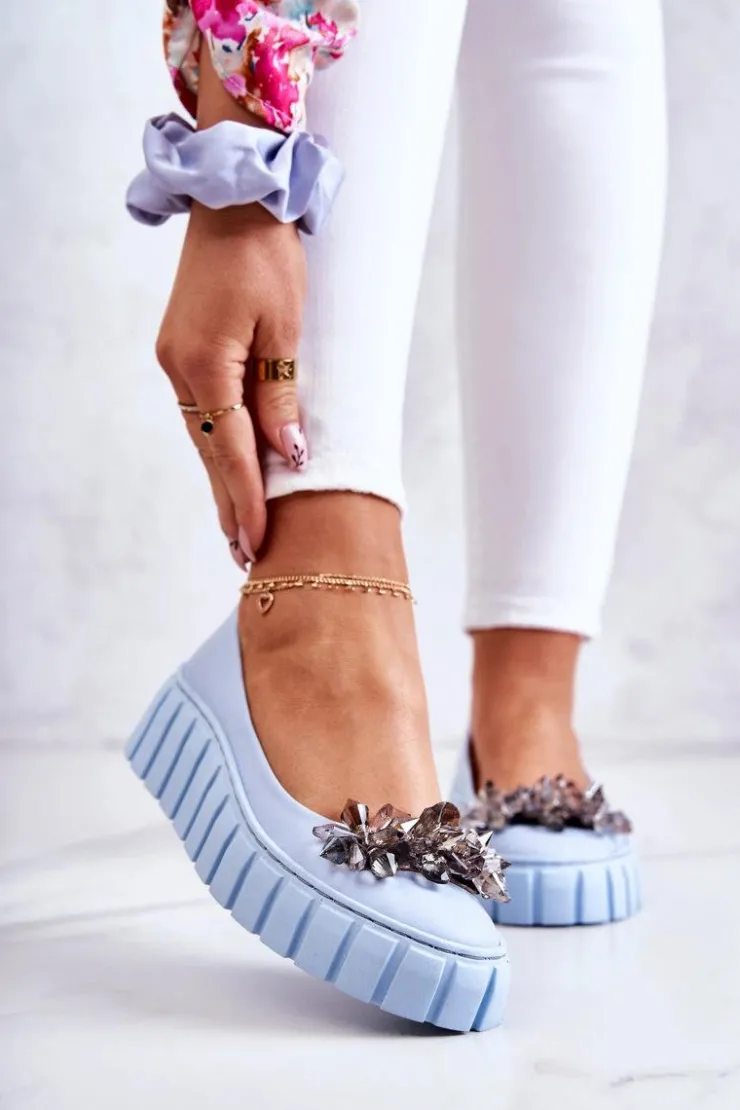 Damskie Boto Skórzane Baleriny Na Platformie Z Ozdobą Jasnoniebieskie Ladette