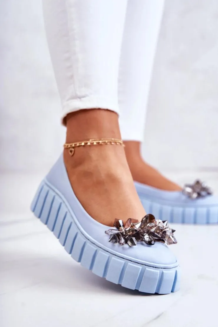 Damskie Boto Skórzane Baleriny Na Platformie Z Ozdobą Jasnoniebieskie Ladette