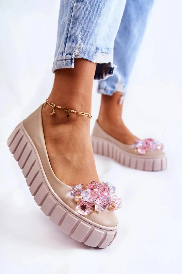 Damskie Boto Skórzane Baleriny Na Platformie Z Kolorową Ozdobą Beżowe Ladette