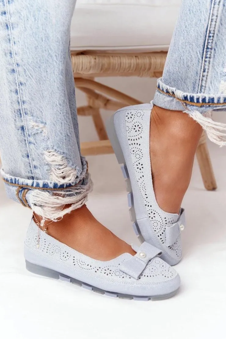 Damskie Evento Skórzane Baleriny RIO FLORE Eco-Friendly Jasnoniebieskie