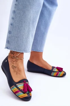 New Maciejka Skórzane Baleriny Z Frędzlami 04016-17 Granatowe