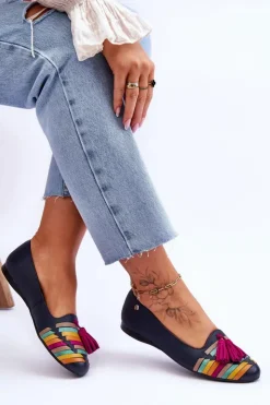 New Maciejka Skórzane Baleriny Z Frędzlami 04016-17 Granatowe