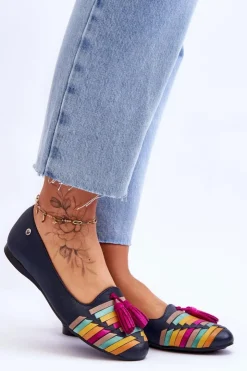 New Maciejka Skórzane Baleriny Z Frędzlami 04016-17 Granatowe