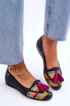 New Maciejka Skórzane Baleriny Z Frędzlami 04016-17 Granatowe