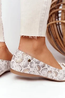 Damskie Maciejka Skórzane Baleriny Z Frędzlami 04016-25 Beżowo-Złote