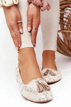 Damskie Maciejka Skórzane Baleriny Z Frędzlami 04016-25 Beżowo-Złote