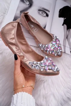 Sale Boto Skórzane Baleriny z Kamieniami Różowe Złoto Crystal