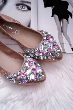 Sale Boto Skórzane Baleriny z Kamieniami Różowe Złoto Crystal