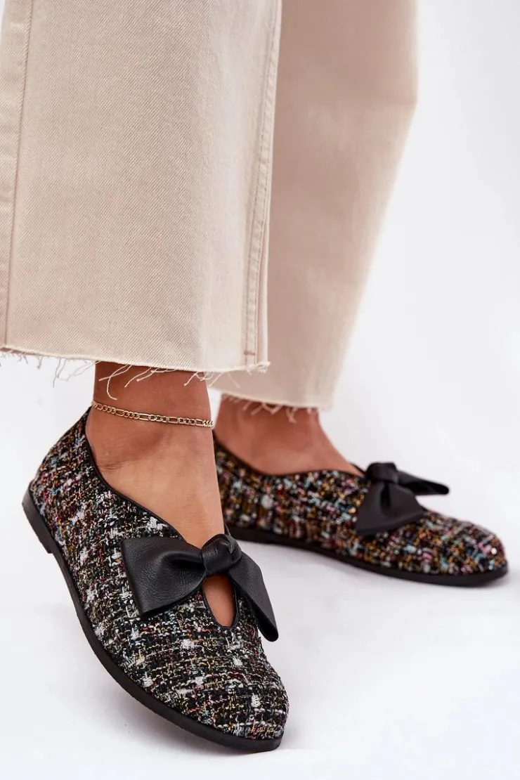 Outlet Laura Messi Skórzane Baleriny Z Kokardą 2921 Czarne
