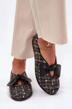 Outlet Laura Messi Skórzane Baleriny Z Kokardą 2921 Czarne