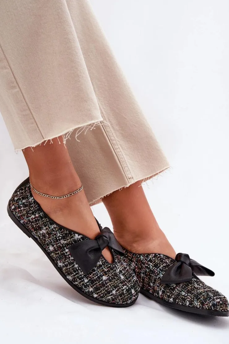 Outlet Laura Messi Skórzane Baleriny Z Kokardą 2921 Czarne