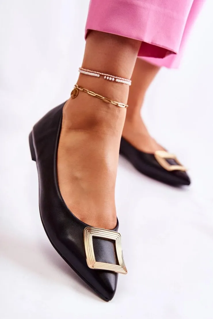 Boto Baleriny Klasyczne*Skórzane Baleriny Z Ozdobą W Szpic Czarno-Złote Simone