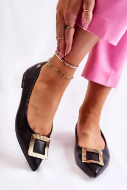 Boto Baleriny Klasyczne*Skórzane Baleriny Z Ozdobą W Szpic Czarno-Złote Simone