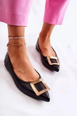 Boto Baleriny Klasyczne*Skórzane Baleriny Z Ozdobą W Szpic Czarno-Złote Simone