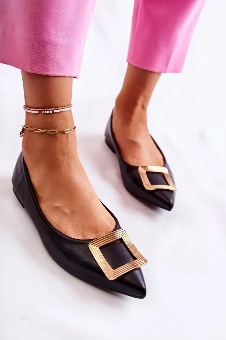 Boto Baleriny Klasyczne*Skórzane Baleriny Z Ozdobą W Szpic Czarno-Złote Simone