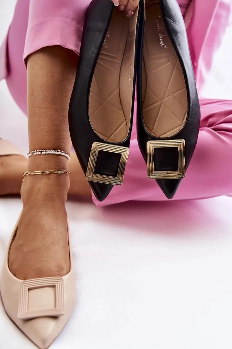 Boto Baleriny Klasyczne*Skórzane Baleriny Z Ozdobą W Szpic Czarno-Złote Simone