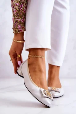 Boto Baleriny Skórzane|Baleriny Klasyczne*Skórzane Baleriny Z Ozdobą Biało-Złote Joliet