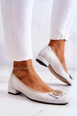 Boto Baleriny Skórzane|Baleriny Klasyczne*Skórzane Baleriny Z Ozdobą Biało-Złote Joliet