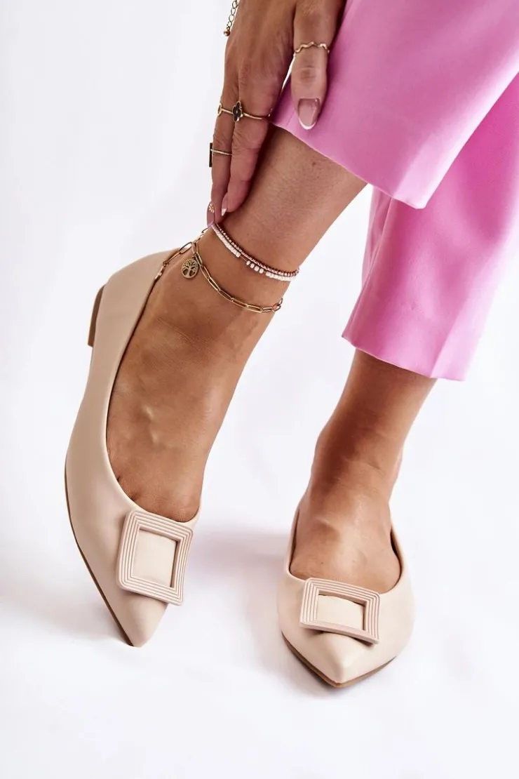 New Boto Skórzane Baleriny Z Ozdobą W Szpic Beżowe Simone