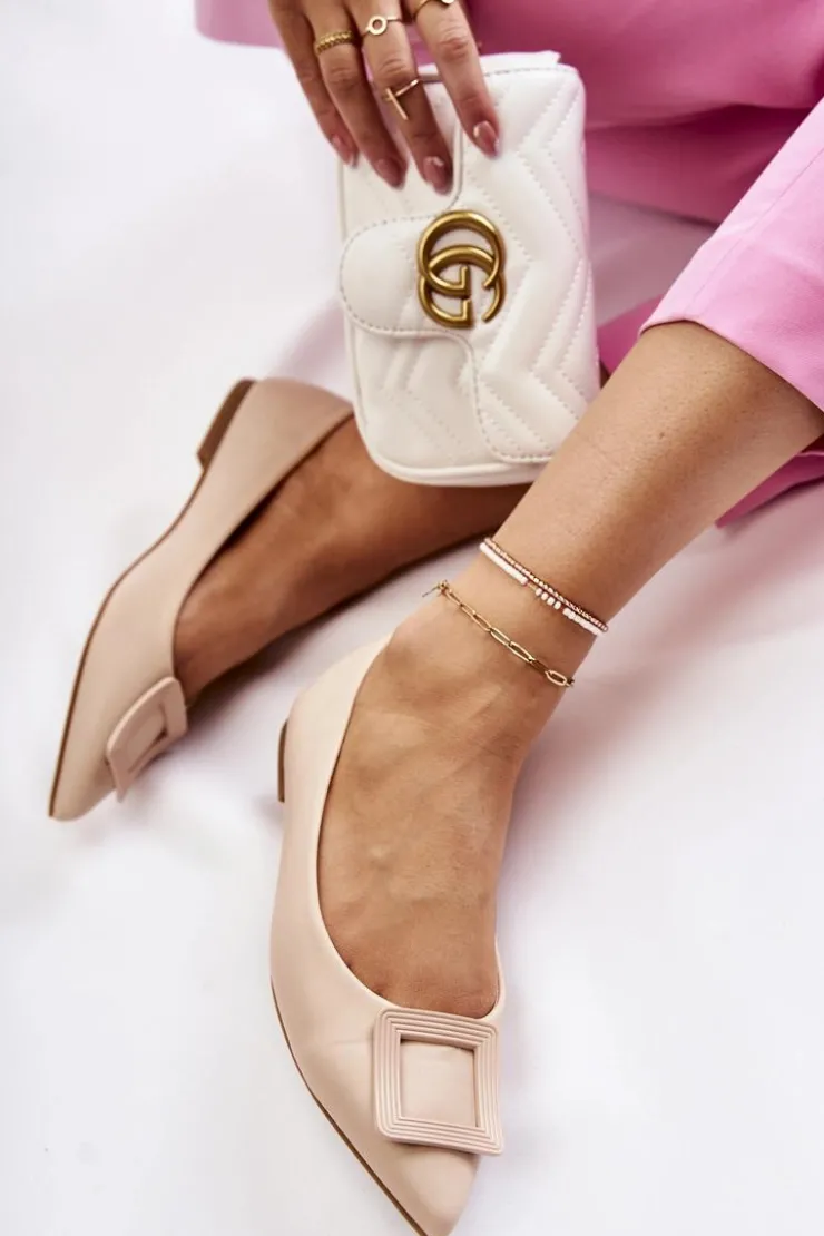 New Boto Skórzane Baleriny Z Ozdobą W Szpic Beżowe Simone