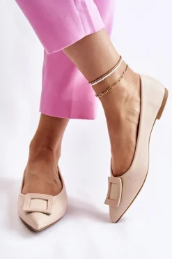 New Boto Skórzane Baleriny Z Ozdobą W Szpic Beżowe Simone