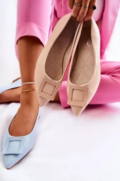 New Boto Skórzane Baleriny Z Ozdobą W Szpic Beżowe Simone