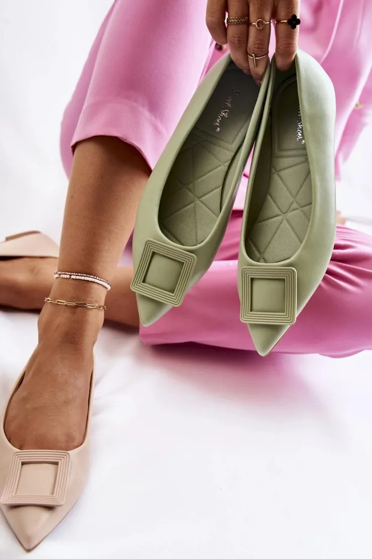 Best Boto Skórzane Baleriny Z Ozdobą W Szpic Zielone Simone