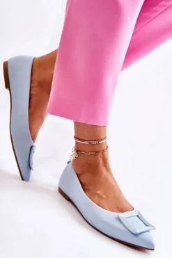 Discount Boto Skórzane Baleriny Z Ozdobą W Szpic Niebieskie Simone