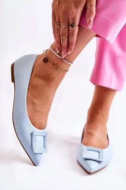 Discount Boto Skórzane Baleriny Z Ozdobą W Szpic Niebieskie Simone