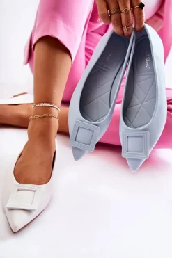 Discount Boto Skórzane Baleriny Z Ozdobą W Szpic Niebieskie Simone