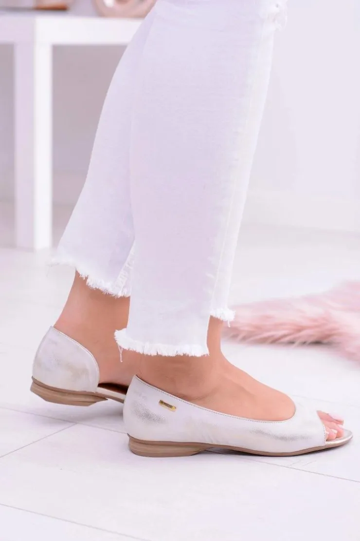 Damskie Maciejka Skórzane Beżowe Baleriny Peep Toe Verma