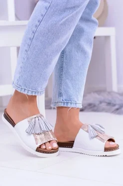 Maciejka Klapki Damskie Klasyczne*Skórzane Białe Eleganckie Klapki Resto