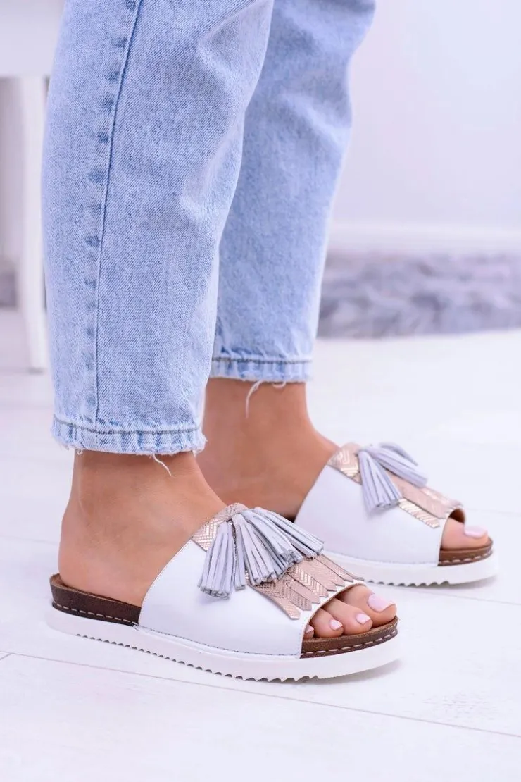 Maciejka Klapki Damskie Klasyczne*Skórzane Białe Eleganckie Klapki Resto