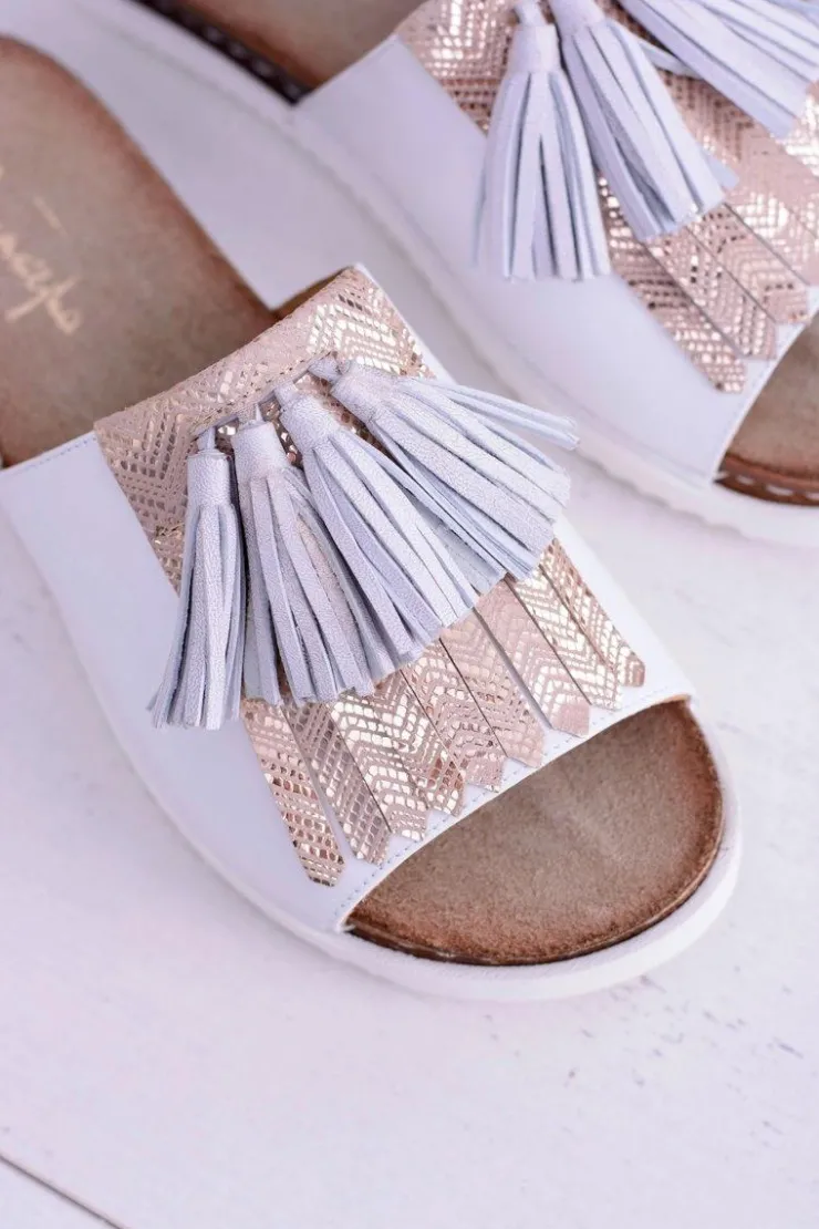 Maciejka Klapki Damskie Klasyczne*Skórzane Białe Eleganckie Klapki Resto