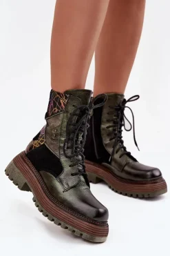 Maciejka Botki Ocieplane|Botki Maciejka*Skórzane Botki Damskie Na Platformie 07104-09 Ciemnozielone