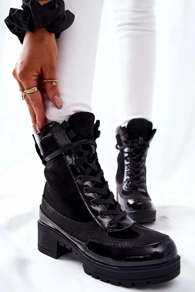 Damskie Boto Skórzane Botki Czarne Meridiah