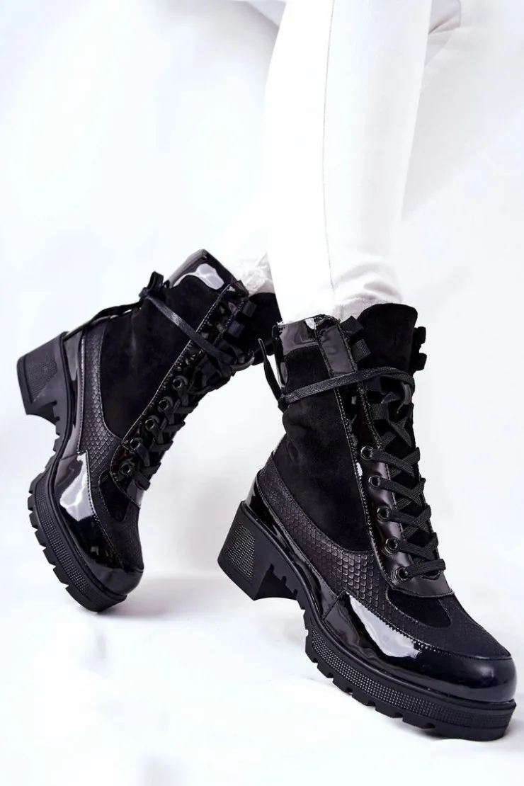 Damskie Boto Skórzane Botki Czarne Meridiah