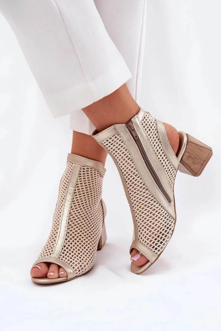 Damskie Maciejka Skórzane Botki Damskie Na Obcasie Z Odkrytą Piętą 06899-25 Złoto-Beżowe