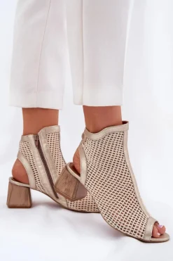 Damskie Maciejka Skórzane Botki Damskie Na Obcasie Z Odkrytą Piętą 06899-25 Złoto-Beżowe