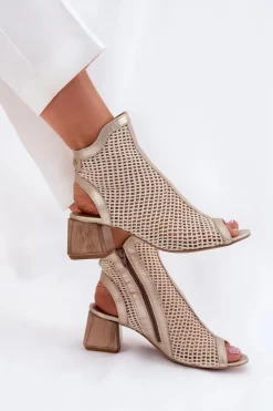 Damskie Maciejka Skórzane Botki Damskie Na Obcasie Z Odkrytą Piętą 06899-25 Złoto-Beżowe