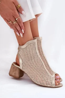 Damskie Maciejka Skórzane Botki Damskie Na Obcasie Z Odkrytą Piętą 06899-25 Złoto-Beżowe