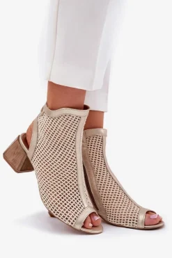 Damskie Maciejka Skórzane Botki Damskie Na Obcasie Z Odkrytą Piętą 06899-25 Złoto-Beżowe