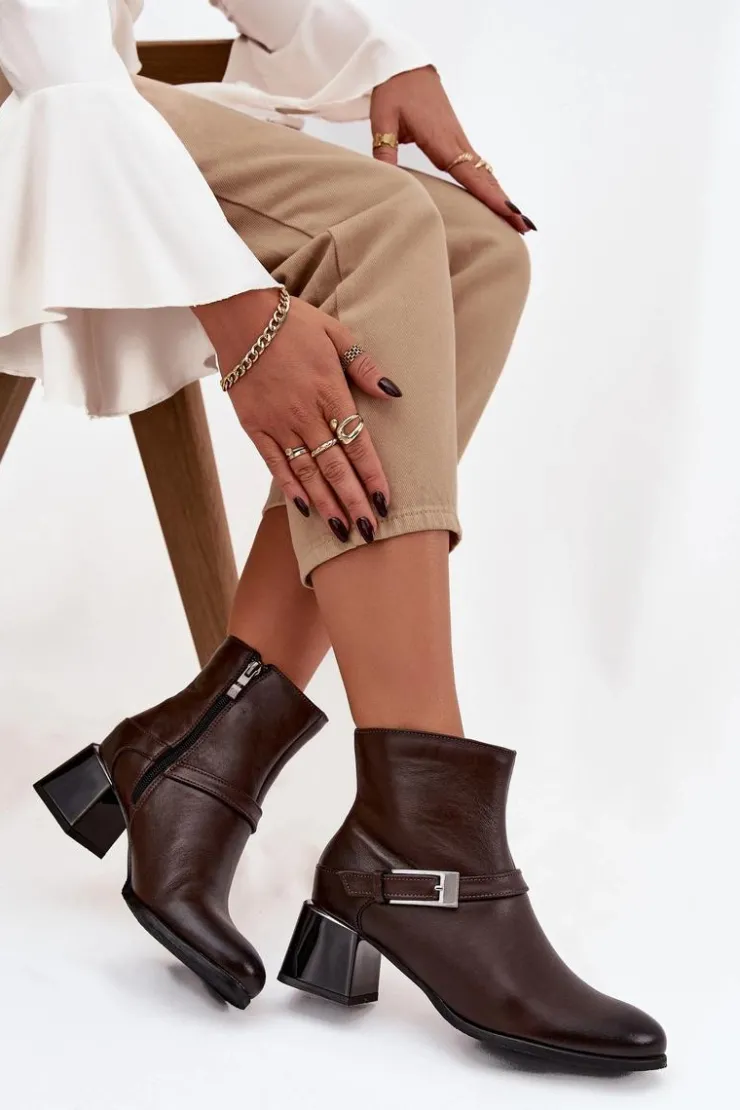 Damskie Zazoo Skórzane Botki Damskie Na Obcasie Z Klamrą 60562 Czekoladowe