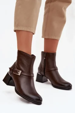 Damskie Zazoo Skórzane Botki Damskie Na Obcasie Z Klamrą 60562 Czekoladowe