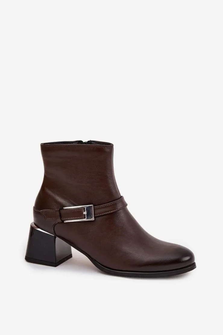 Damskie Zazoo Skórzane Botki Damskie Na Obcasie Z Klamrą 60562 Czekoladowe