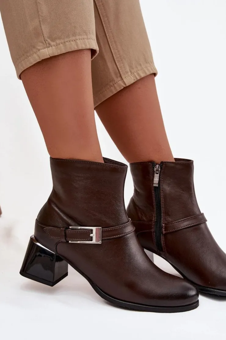 Damskie Zazoo Skórzane Botki Damskie Na Obcasie Z Klamrą 60562 Czekoladowe