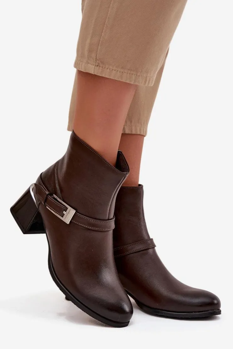 Damskie Zazoo Skórzane Botki Damskie Na Obcasie Z Klamrą 60562 Czekoladowe